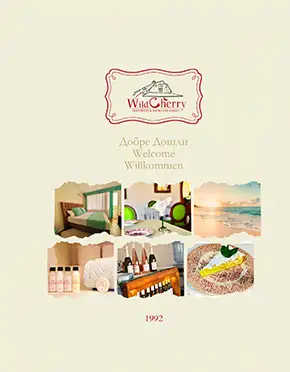 Луксозен дизайн на предна корица за папка на хотел WildCherry с централно лого и елегантна типография.