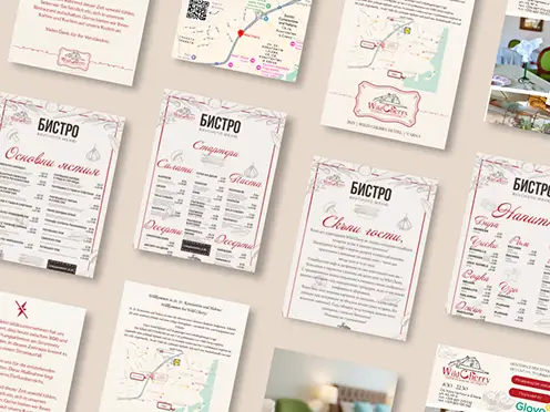 Колаж от всички брандирани материали за WildCherry, включващ менюта, флаери, карти и информационни бланки от Art Spot.