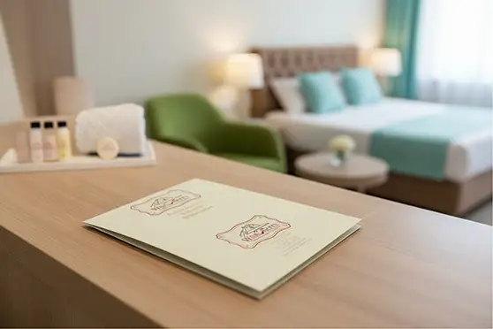 Рекламна папка за гости на WildCherry, разположена в интериора на модерен хотелски апартамент.