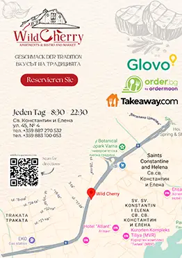 Графичен дизайн на рекламен флаер за WildCherry с QR код и карта на Св. Св. Константин и Елена