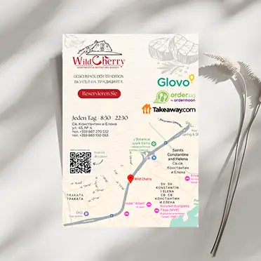 Графичен дизайн на рекламен флаер за WildCherry с QR код и карта на Св. Св. Константин и Елена