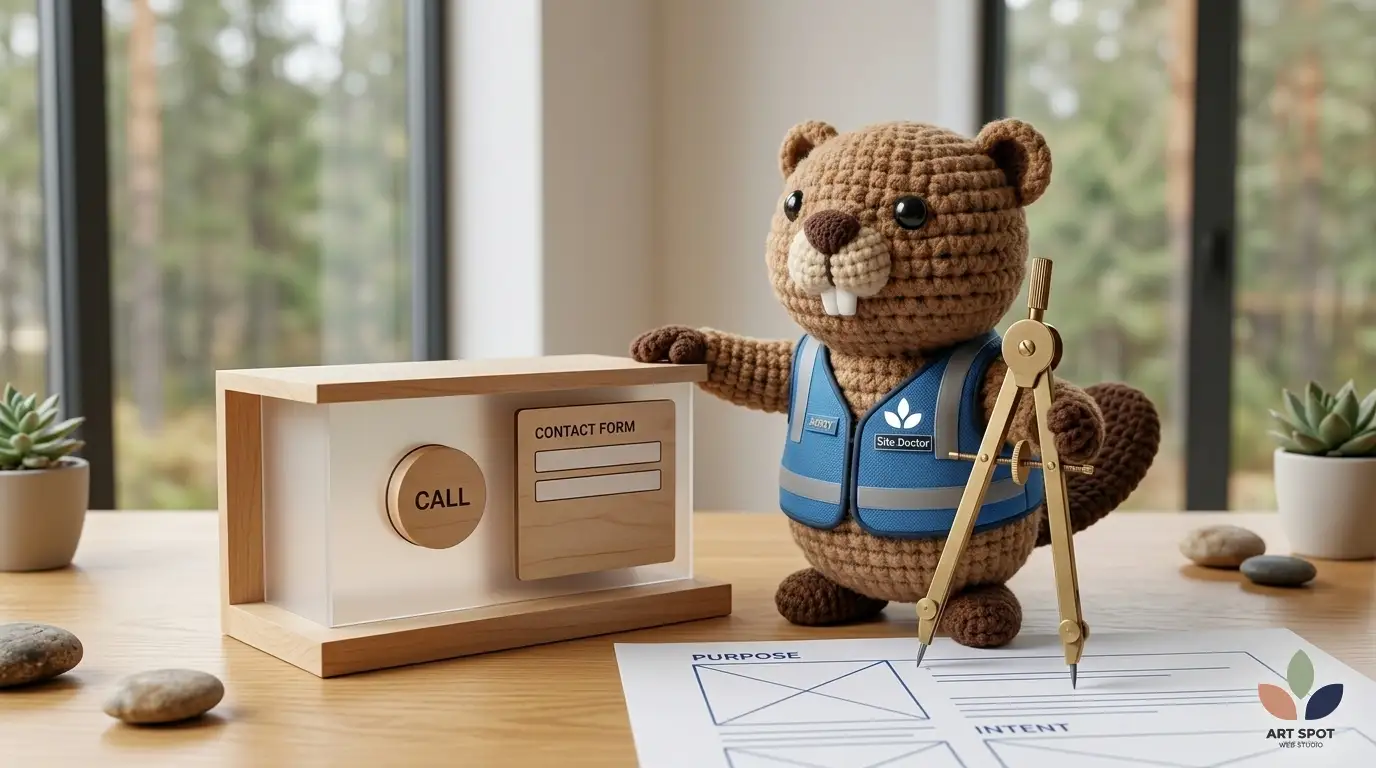 Плетена играчка бобър Арти, архитект на уебсайтове с фокус върху функционалната простота. Crocheted amigurumi beaver Arty, website architect focused on functional simplicity.