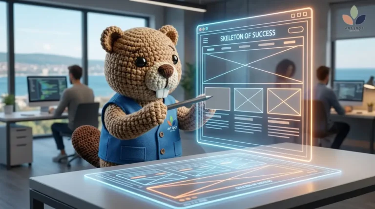 BG: Арти, Дигиталният Архитект на Art Spot Web Studio, анализира "Скелета на успеха" – прецизна телена рамка (wireframe) за WordPress сайт, гарантираща стабилна дигитална архитектура. EN: Arty, the Digital Architect at Art Spot Web Studio, analyzing the "Skeleton of Success" – a precise WordPress website wireframe ensuring robust digital architecture.