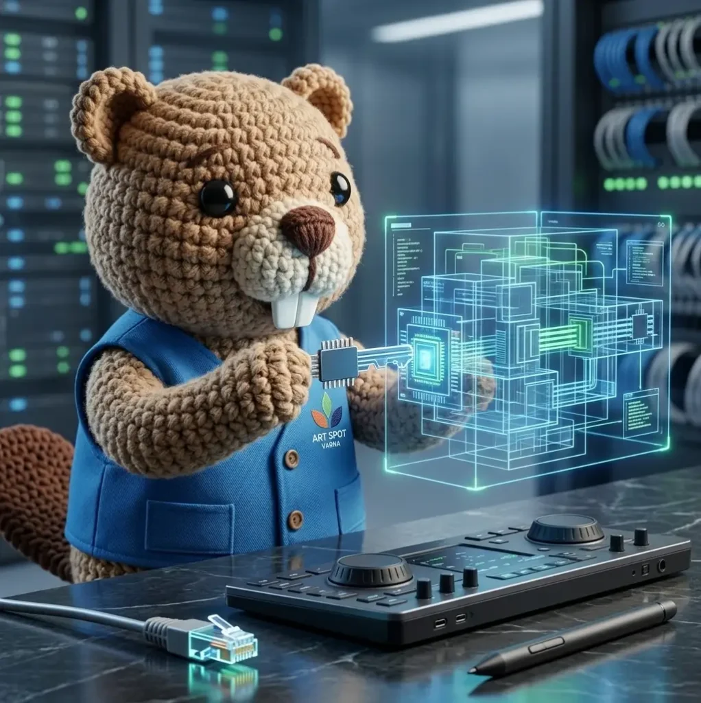 Arty, the crocheted digital architect beaver mascot of Art Spot Web Studio Varna, wearing an azure blue custom vest and meticulously fitting a silicon-chip 'key' into a complex, glowing blue and green holographic data structure. He is at a high-tech workstation with a video-editing style console and an ethernet connector, demonstrating solid, interconnected code architecture and professional IT build quality.