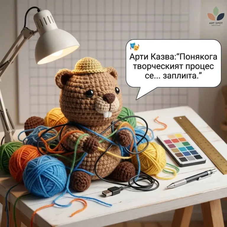 Crochet beaver mascot Arty untangling cables and yarn, representing web backend logic audits at Art Spot Web Studio.