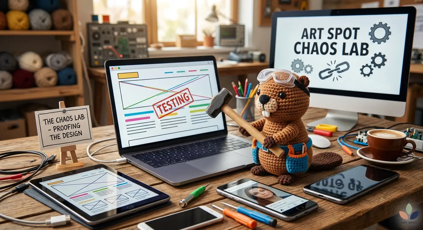 A professional yet whimsical scene featuring Arty, a crochet beaver mascot, wearing safety goggles and holding a miniature sledgehammer as he 'tests' a laptop. Around him are multiple devices including an iPad and iPhones displaying website wireframes. In the background, a large monitor reads 'Art Spot Chaos Lab' and a small easel note says 'The Chaos Lab – Proofing the Design,' all set in a cozy, creative studio environment.
