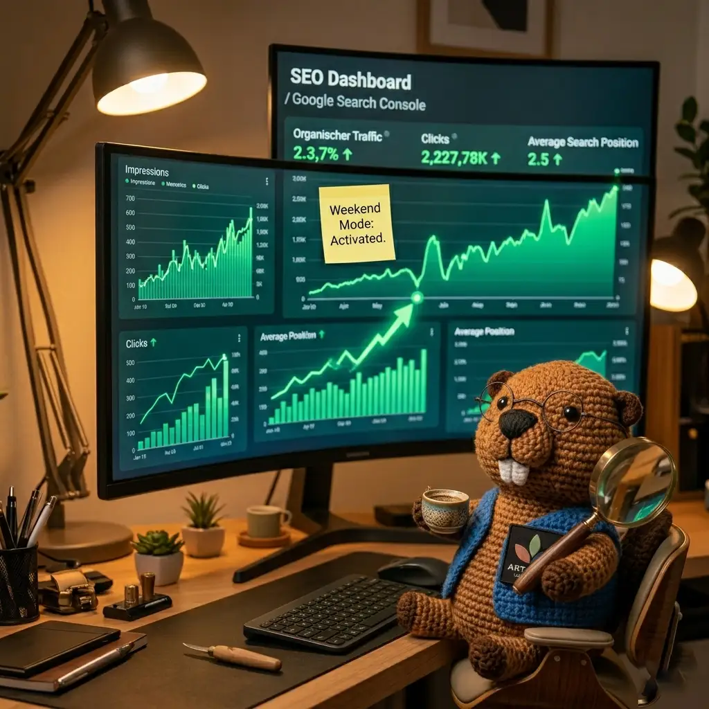Crochet beaver mascot Arty leaning back in front of a curved monitor with green SEO traffic charts spiking upwards Плетеният бобър Арти се обляга назад пред голям извит монитор с успешно растящи SEO графики