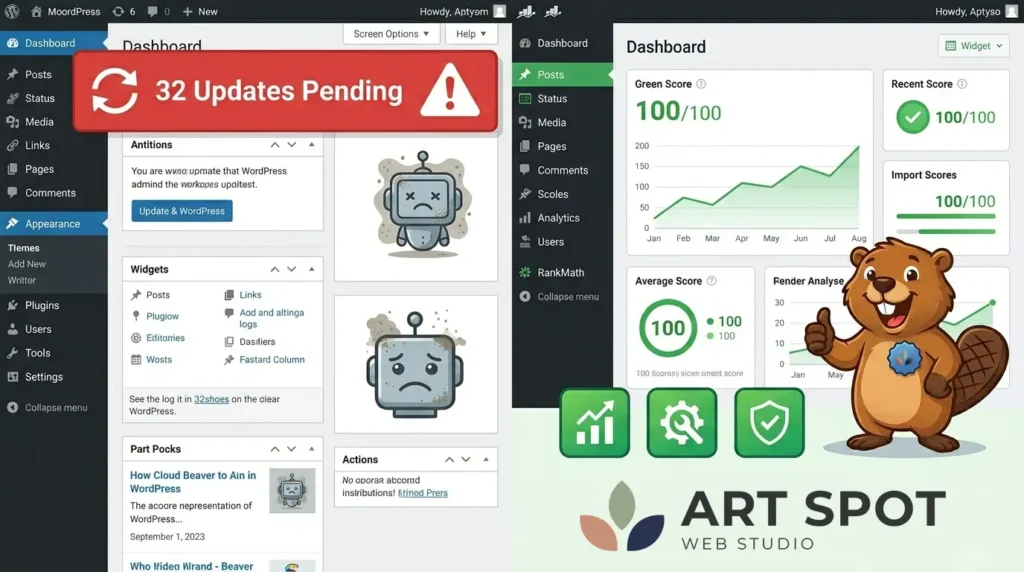 RankMath SEO dashboard on WordPress with clean green scores and security updates completed RankMath SEO табло в WordPress със зелен резултат за техническа поддръжка и сигурност