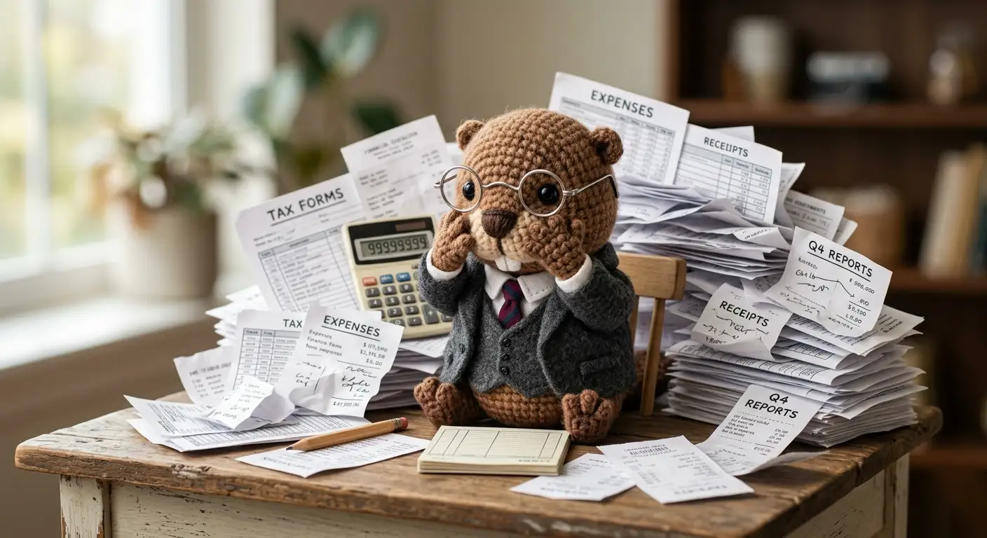 Arty the crochet beaver mascot feeling overwhelmed by chaotic paperwork on an accountant's desk. Арти, плетеният талисман на студиото, изглеждащ затрупан от хаотични документи на счетоводно бюро.