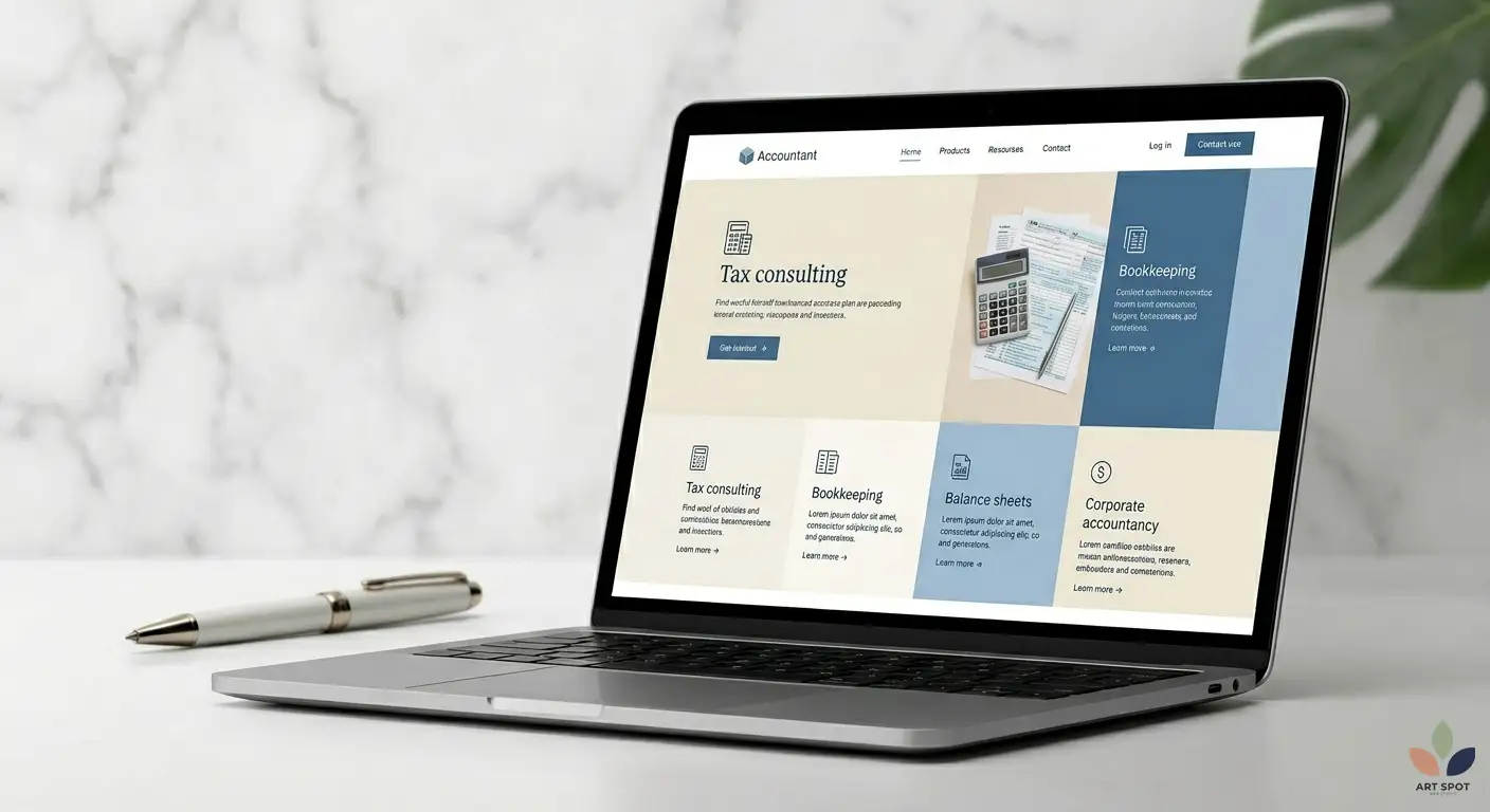 Minimalist and professional website design concept for an accounting and financial services firm displayed on a laptop screen.