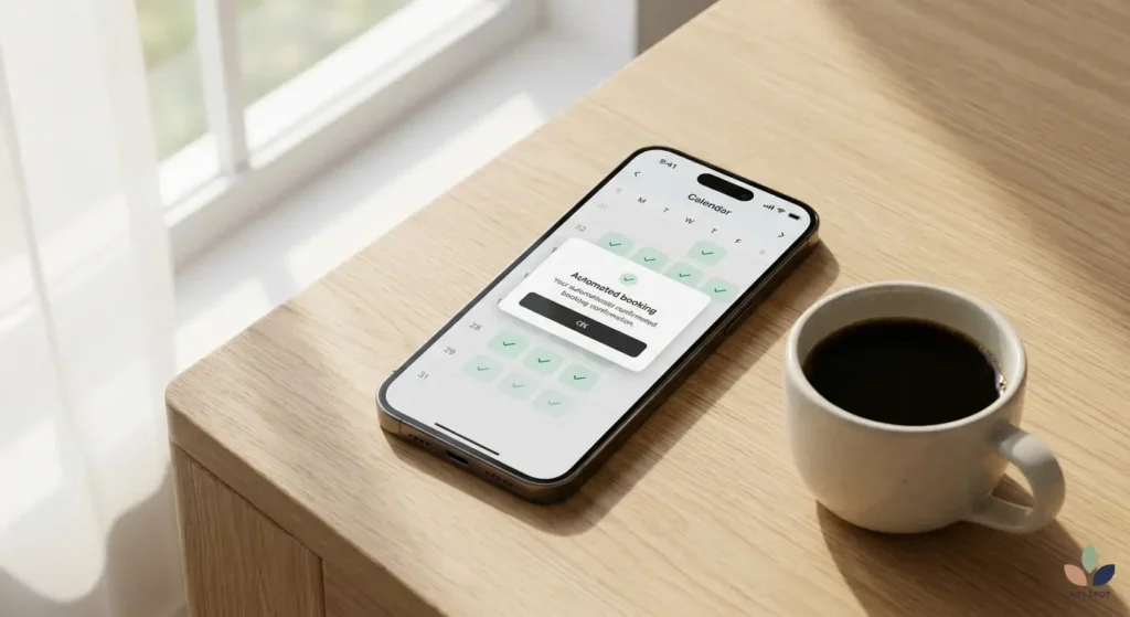 Automated client onboarding calendar booking screen on a smartphone, showing efficient digital workflow.