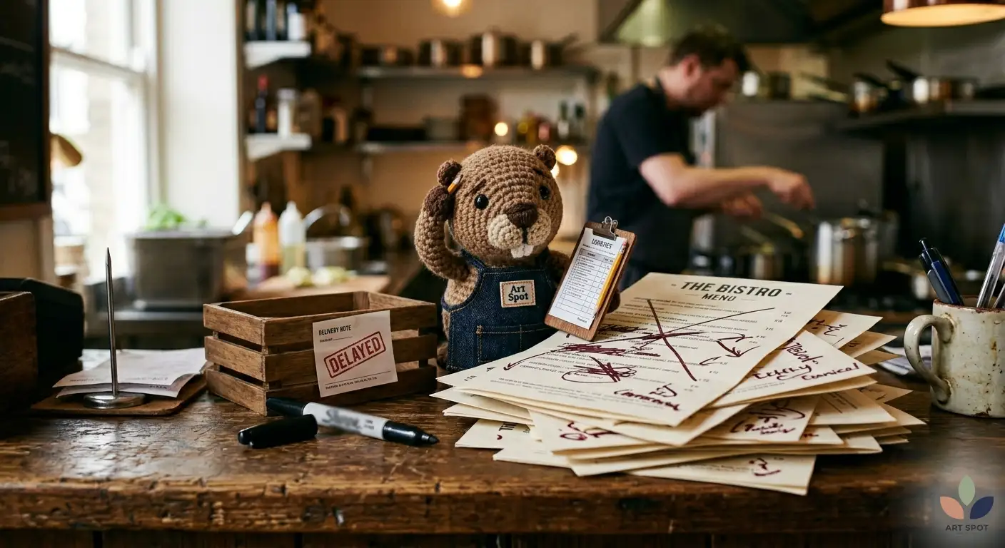Stressed crochet beaver mascot Arty acting as a restaurant manager, standing anxiously next to a delayed delivery notice and crossed-out menus. Стресираното плетено бобърче Арти в ролята на управител на заведение, застанало тревожно до известие за закъсняла доставка и задраскани менюта.
