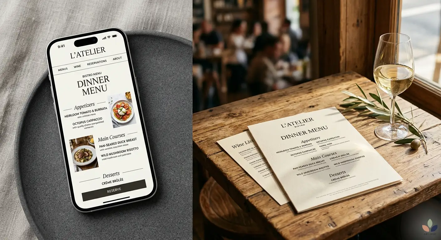 🇬🇧 English: Modern smartphone displaying a responsive restaurant website next to a printed premium menu and a wine glass on a sunlit bistro table. 🇧🇬 Bulgarian: Модерен смартфон с отворен уебсайт за ресторант до печатно хартиено меню и чаша вино върху слънчева маса в бистро.