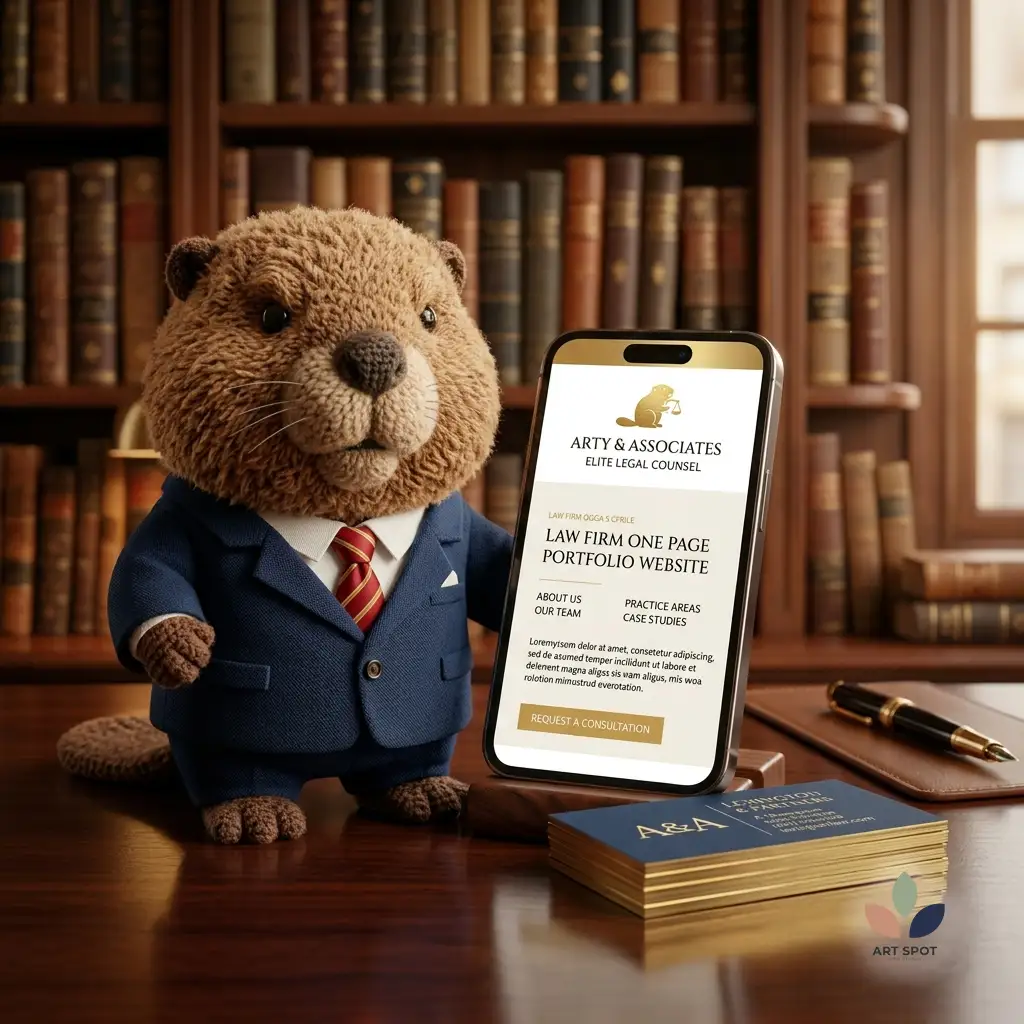 Sleek website and business card design for lawyers showcased by Art Spot mascot Arty on a dark mahogany law office desk